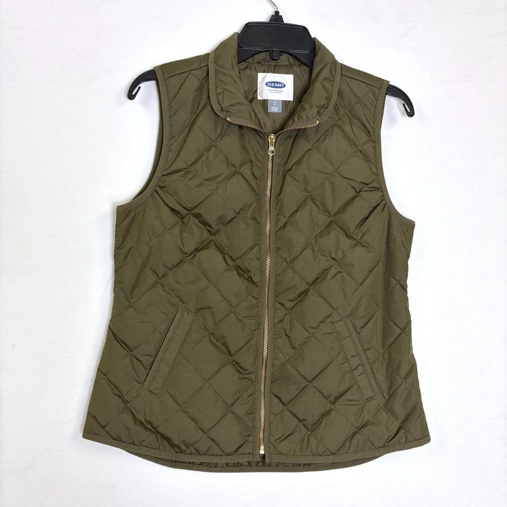 Old Navy Quilted Puffer Vest Bundle Lot 2 Olive Green Navy Zip Small Preppy - Picture 2 of 15